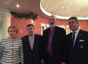 Foto: (v. l.) Bildungsministerin Dr. Liliia Hrynevych, Dekan Prof. Dr. Igor Vetrov, Thomas Schirrmacher, Prof. Dr. Moritz Hunzinger Â© BQ/Warnecke