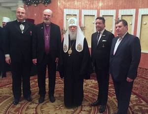 Foto: (v. l.) Dekan Prof. Vladimir Evtukh, Thomas Schirrmacher, Patriarch Filaret, Prof. Dr. Moritz Hunzinger, Dekan Prof. Dr. Igor Vetrov Â© BQ/Warnecke