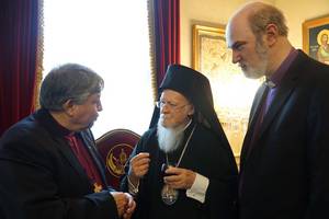 The first discussion of the Bishop Nik Nedelchev with the Ecumenical Patriarch Bartholomew; Bishop Thomas Schirrmacher is at right © BQ/Warnecke