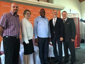 Photo: IIRF affilates with conference chair Prof. Derrick Mashau in centre, from left Drs. Werner Nel, Dr. Georgia du Plessis, Prof. Dr. Christof Sauer, Dr. Fernando da Silva © Christof Sauer