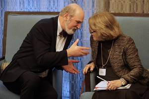 Thomas Schirrmacher talks with the Ukrainian Minister for Education and Science, Dr Liliia Hrynevych Â© BQ/Warnecke